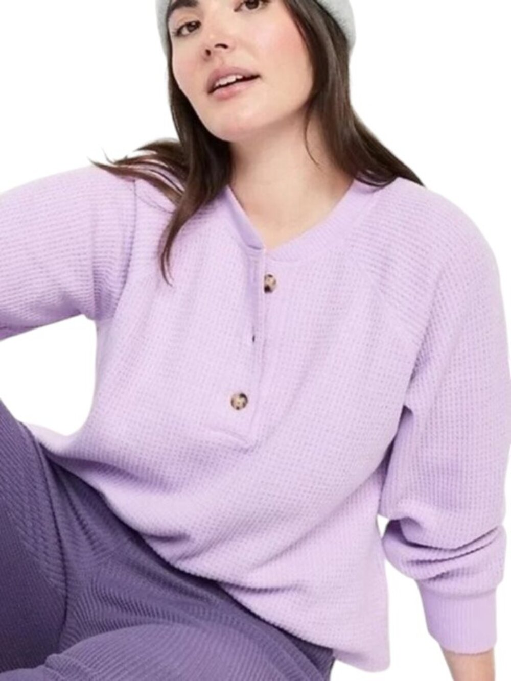 Old Navy Lilac LS Chunky Waffle Knit Stretch Plush Tee Henley Style